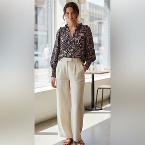 Boden Ornate Paisley Print Romantic Smocked Cuff Top Size 10